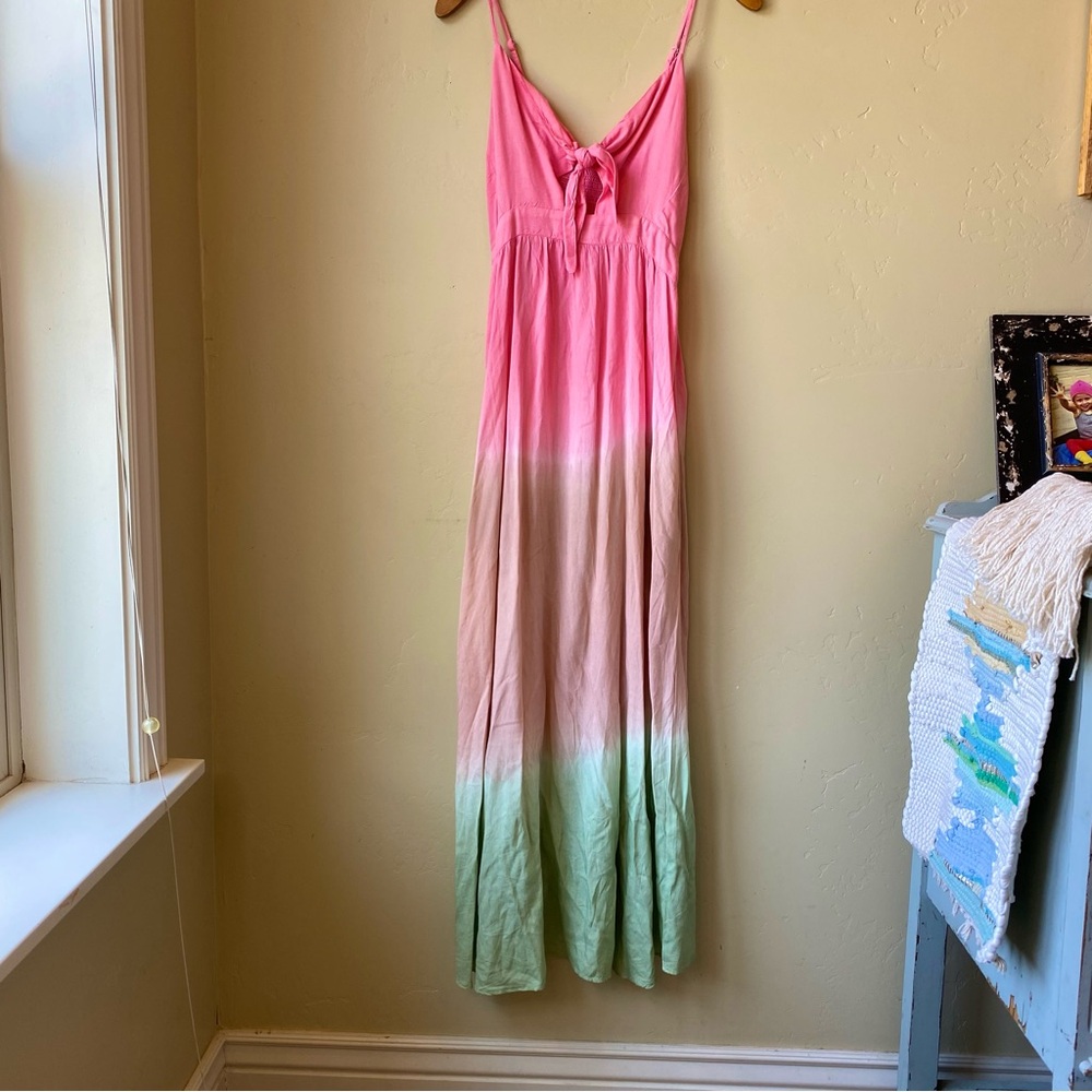 NWT BOHO ME Pink Peach Lime green OMBRE Tie Front MAXI DRESS